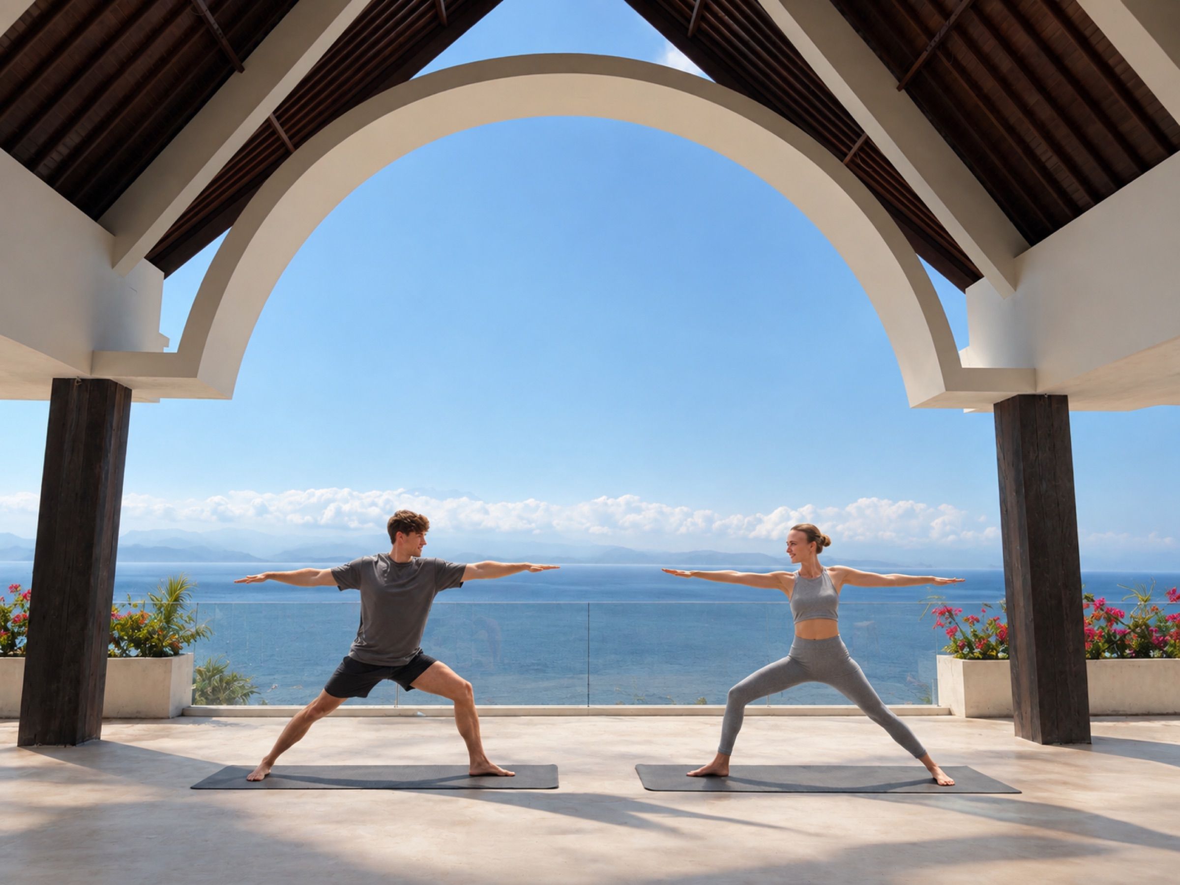 Sunrise yoga on the Multifunction Rooftop overlooking the ocean